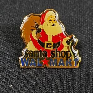 Walmart Santa Shop Christmas Lapel Pin Gold Tone Enamel Holiday